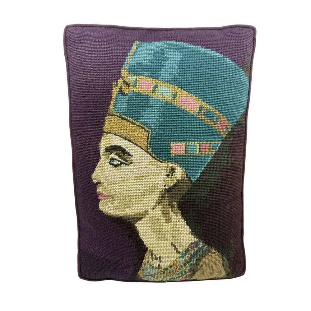 Vintage Nefertiti Eyptian Needlepoint Pillow